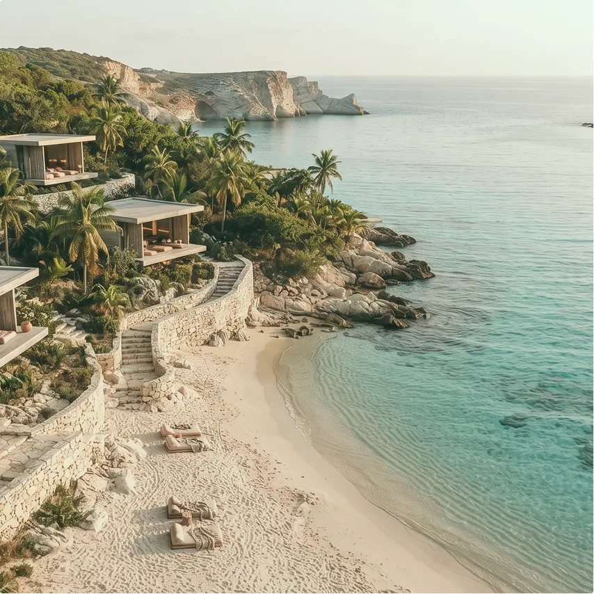 Una villa frente al mar, con acceso privado a la playa.
