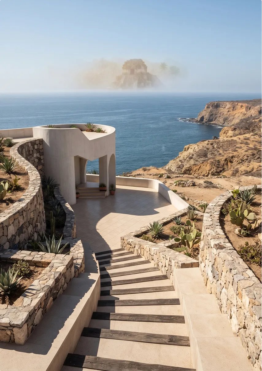 Una terraza con vista al mar, entre jardines de cactáceas.