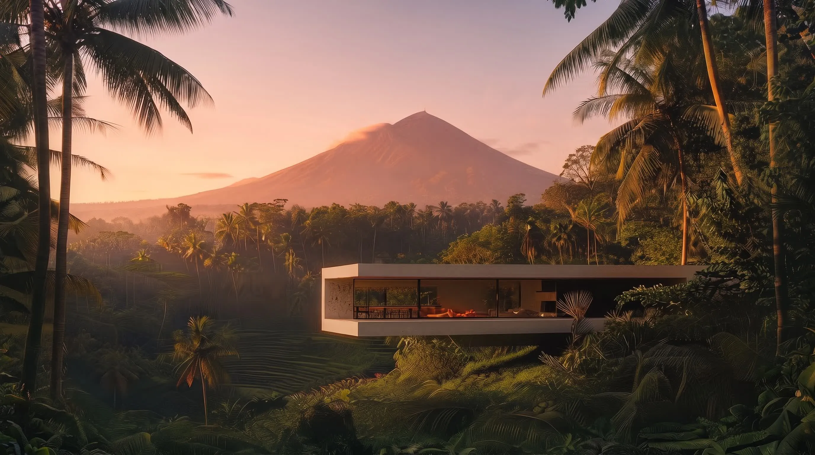 Una villa de lujo al atardecer, rodeada de selva y palmeras.